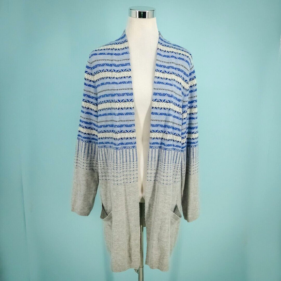Talbots Size XL Blue Gray Nordic Fair Isle Print Open Front Tunic Wool Cardigan - Picture 1 of 5